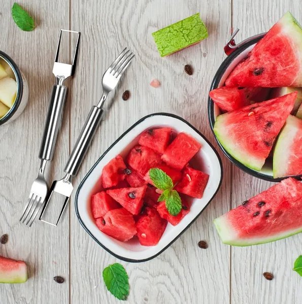 5Pcs 2 In 1 Watermelon Cutter Slicer Fork Stainless Steel Dual Head Watermelon Fruit Cutting - Image 5