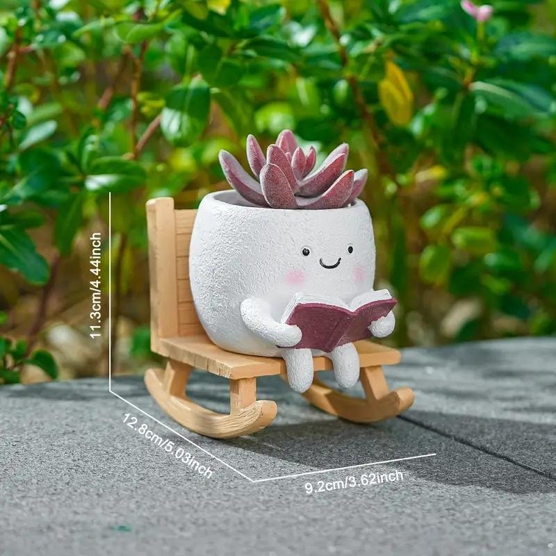 2 Pieces Of Cute Character Reading Rocking Chair Resin Flower Pots Indoor And Outdoor Plant Decoration Vase Home Flower Gift - Image 3