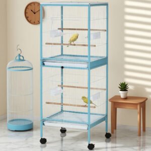 55inch 2 In 1 Bird Cage Aviary Parakeet House For Finches, Budgies With Wheels, Light Blue