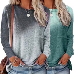Women's 2Pack Tops Spring Fall Casual Gradient Color Round Neck Long Sleeve T Shirt Blouse