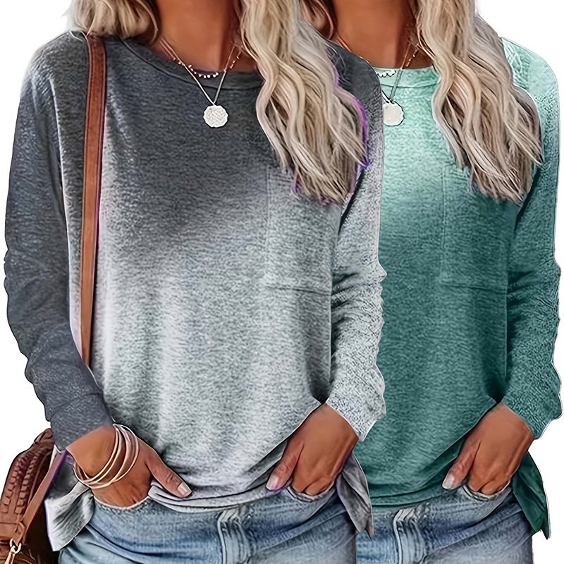 Women's 2Pack Tops Spring Fall Casual Gradient Color Round Neck Long Sleeve T Shirt Blouse