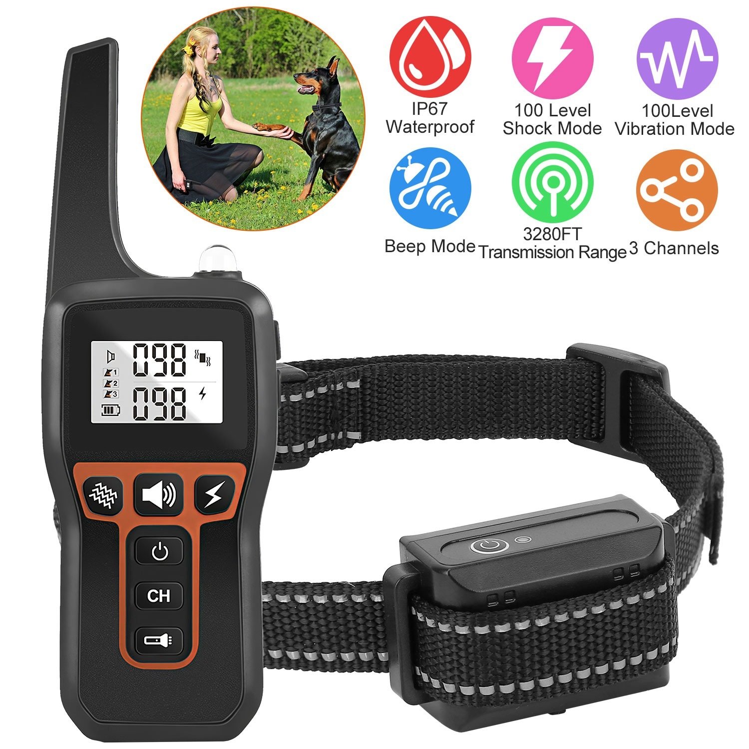 Train Collar OR Receiver Only Options - 3280FT Dog Training Collar IP67 Waterproof Pet Beep Vibration Electric Shock Collar 3 Channels Rechargeable Transmitter Receiver Trainer With Flashlight
