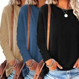 3 Pack Women's Solid Color Casual Set Round Neck Long Sleeve Tops For Spring&Fall