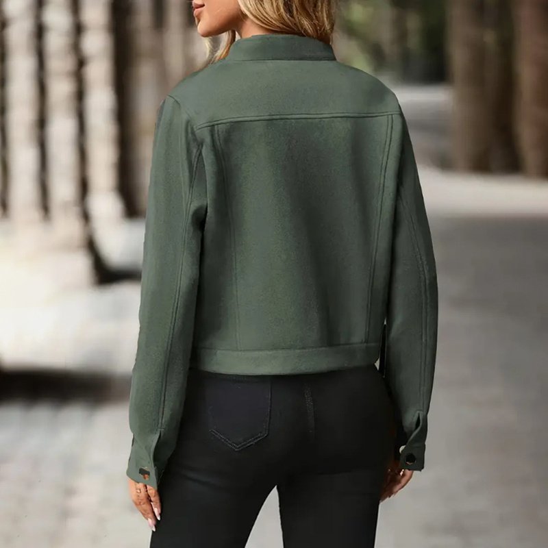 Women's Faux Suede Cropped Jacket, Vintage Stand Collar Short Coat Casual Button Up Fall Outwear - Image 7