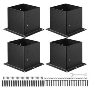 4x4 Post Base 4 Pcs, Inner Size 3.6x3.6 Inch 92x92 Mm Post Brackets, Heavy Duty Carbon Steel Decking Posts, Wood Posts Brackets For Pavilion Deck Railing Support Deck Base Plate, Black
