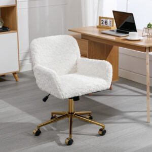 A&A Furniture Office Chair,Artificial Rabbit Hair Home Office Chair With Golden Metal Base,Adjustable Desk Chair Swivel Office Chair,Vanity Chair Beige