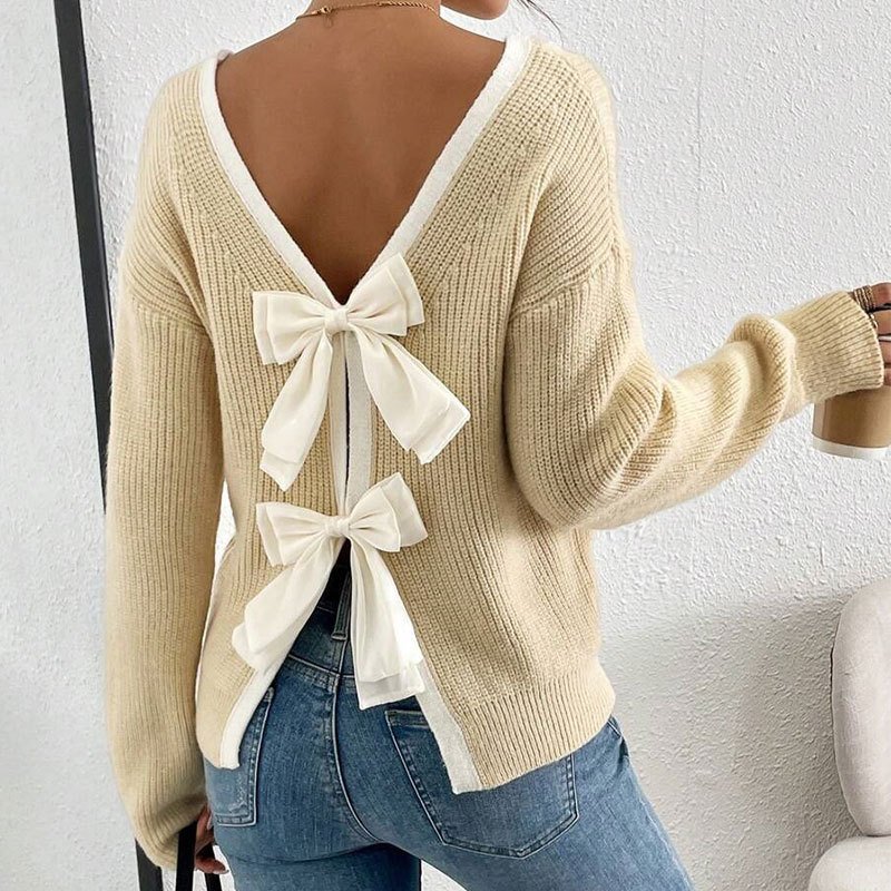 Women's Bow Sweater Long Sleeve Top, Open Back Crew Neck Split Pullover, Fall Trendy Going Out Sweater - Image 8