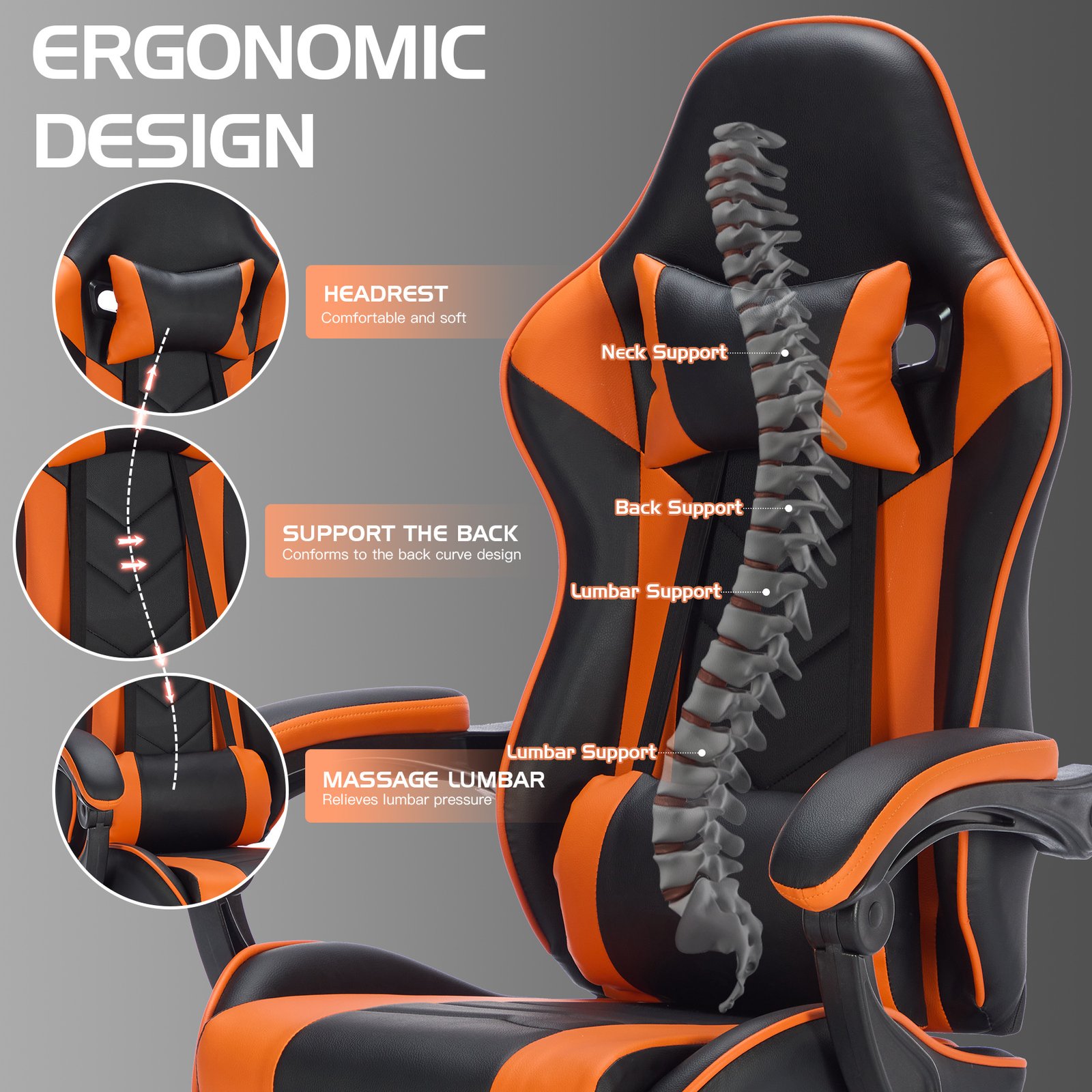 Gaming Chair With Footrest, Ergonomic Computer Chair With Headrest And Lumbar Support, Breathable Material Height Adjustable Video Game Chairs For Adults, Black Orange - Image 3