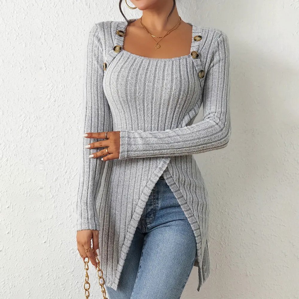 Elegant Women's Solid Color Slim-Fit Long Sleeve Top - Square Neck & Button Detail With Asymmetric Hem, Casual Fall&Spring Blouse - Image 3