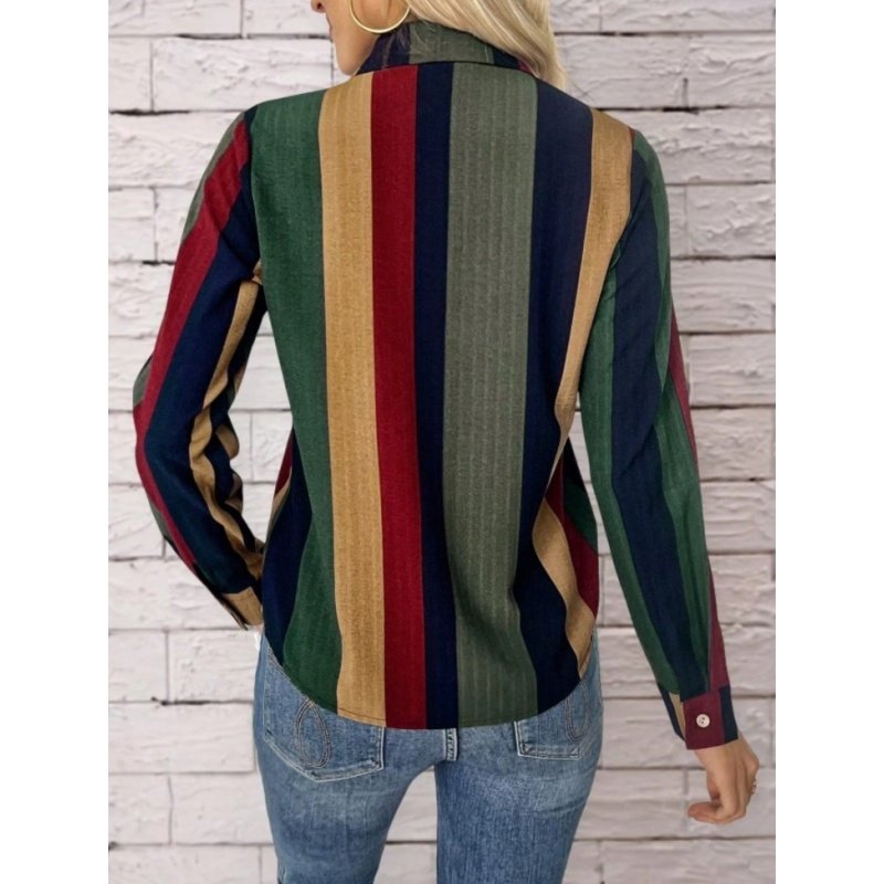 Womens Contrast Color Button Down Collared Shirt Casual Long Sleeve Business Office Work Blouses Tops - Image 3