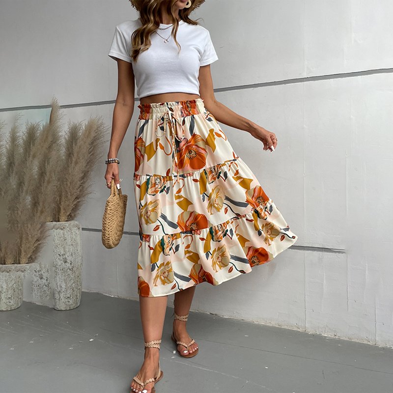 Women's Floral Tiered Midi Skirt Elastic Waist Dressy Casual A-line Flowy Boho Skirts - Image 2