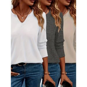 Womens 3-Pack V Neck Long Sleeve T Shirts Casual Loose Fit Fall Tops Trendy 2025
