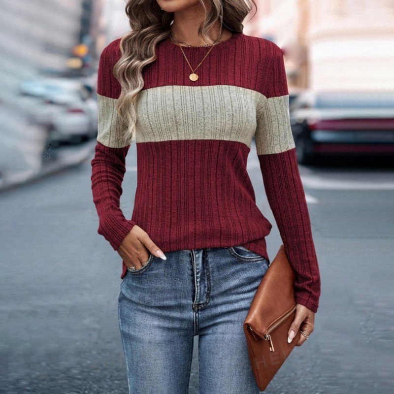 Women's Elegant Color-Block Round Neck Top - Basic Solid Color Contrast Casual Shirt For Fall&Winter - Image 7