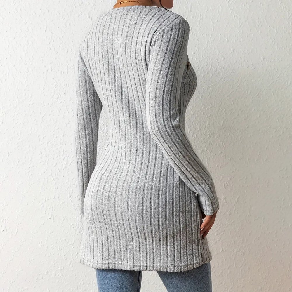 Elegant Women's Solid Color Slim-Fit Long Sleeve Top - Square Neck & Button Detail With Asymmetric Hem, Casual Fall&Spring Blouse - Image 5