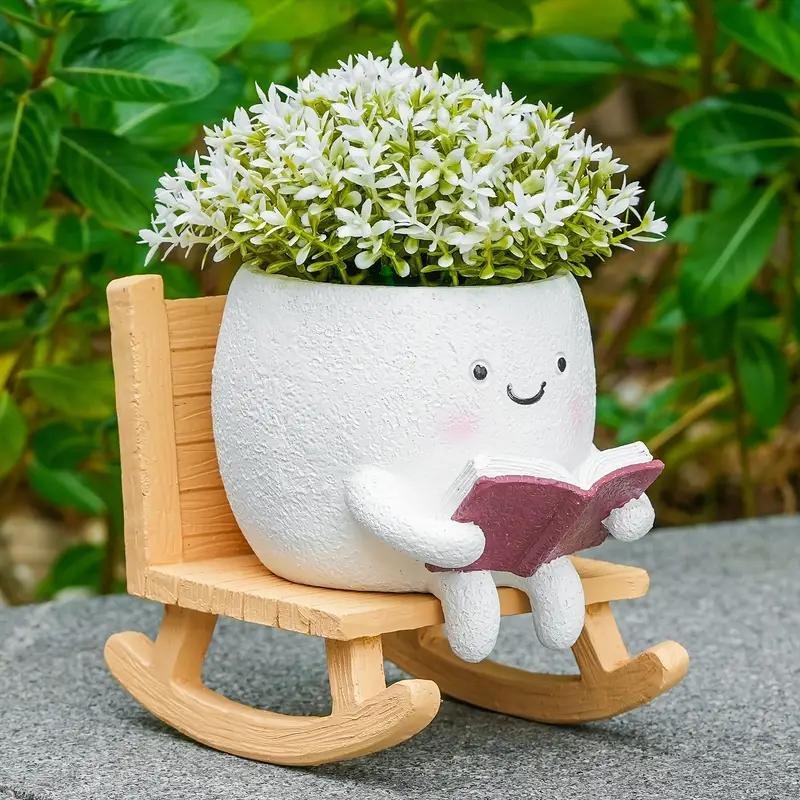 2 Pieces Of Cute Character Reading Rocking Chair Resin Flower Pots Indoor And Outdoor Plant Decoration Vase Home Flower Gift - Image 7