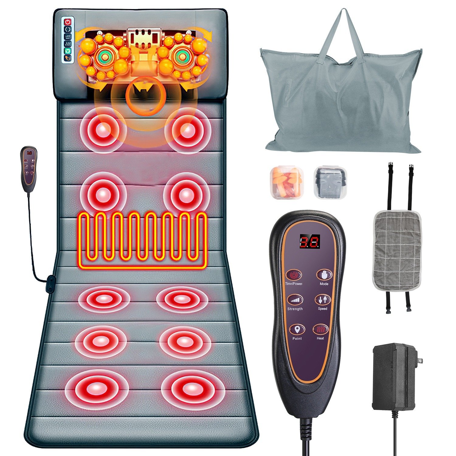 Advanced Type Full Body Electric Massage Mat With Heat Vibration Massage Pad Cushion Back Massage Mattress Chair Pad With Neck Massage Pillow With 10 Vibration Motors Timer Anti-Slip Bottom Earplugs