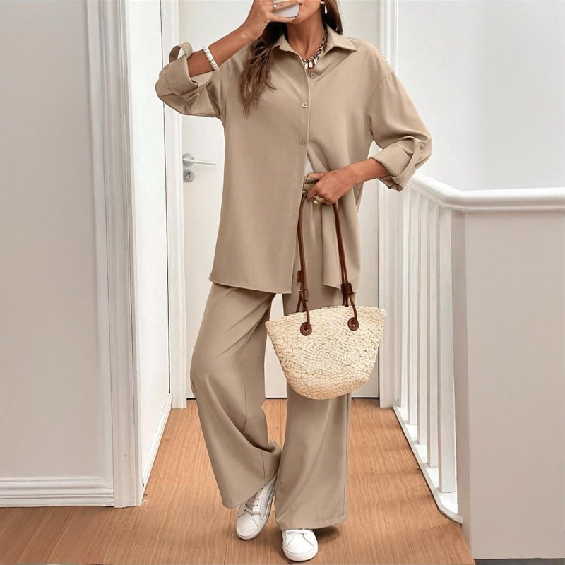 Women's Solid Color Shirt & Pants Set - Long Sleeve Button-Down Top With Elastic Waist Straight Pants Minimalist Casual Outfit