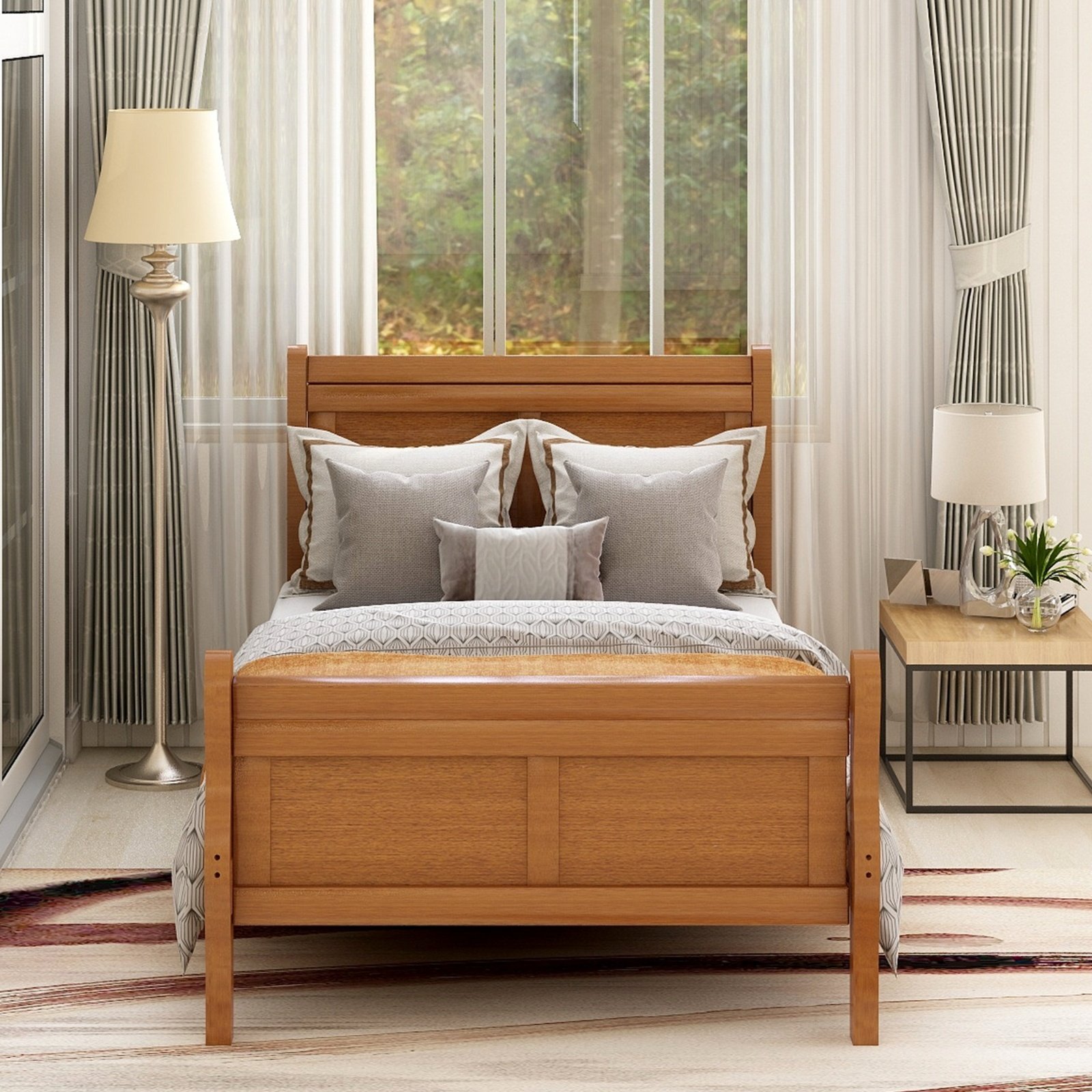 Wood Platform Twin Bed Frame, Sleigh Design With Headboard Footboard, Wood Slat - Image 8