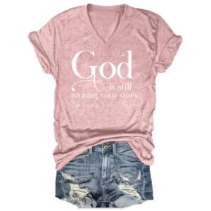Women's V-Neck Short Sleeve T-Shirt - 'God' Letter Print, Summer Casual Top