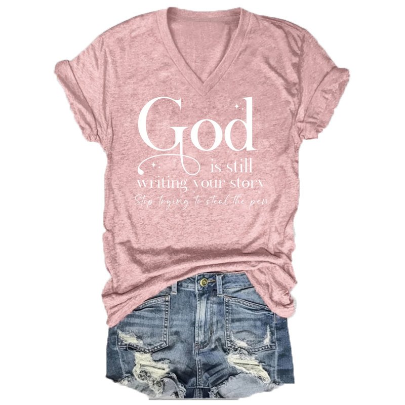 Women's V-Neck Short Sleeve T-Shirt - 'God' Letter Print, Summer Casual Top