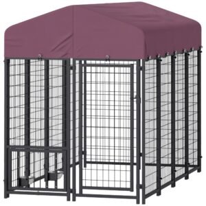 Welded Wire Outdoor Dog Kennel With 360 Rotating & 4 Levels Adjustable Bowls, Waterproof Cover, 7.9 X 4 X 6