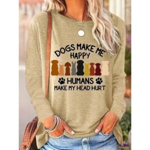 Women's Dog & Letter Print Crew Neck Sweatshirt, Casual Long Sleeve T-Shirt For Spring & Fall