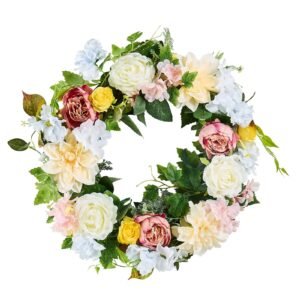 Decorative Wreath 24 In White Pink Yellow Peonies Hydrangeas Year Round Wreath