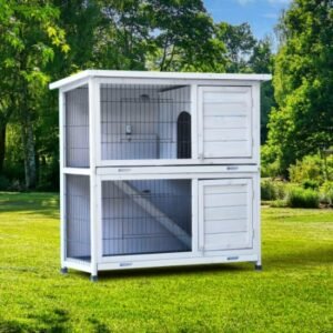 Rabbit Hutch Outdoor, 2-Story Rabbit Cage Indoor With Run, Bunny Cage With 2 Removable No-Leak Trays, Pet Cages With Non-Slip Ramp, Waterproof Roof, Fence, For Small Animals