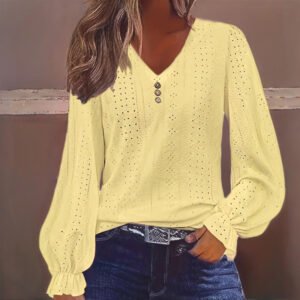 Plus Size Women's V-Neck Solid Top With Button Lantern Sleeves Hollow Out Detail Blouse For Spring&Fall