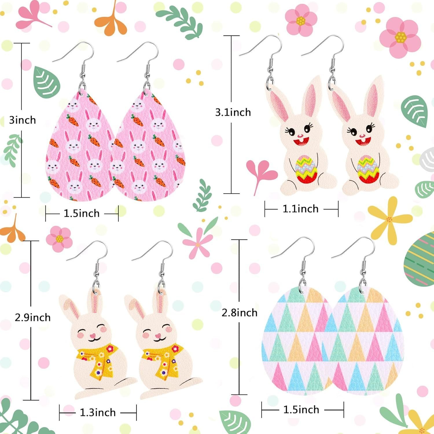 9 Pairs Easter Faux Leather Earrings For Women Lightweight Leaf Long Dangle Teardrop Earrings For Easter Egg Hunt Party Supplies Easter Dress Up - Image 4