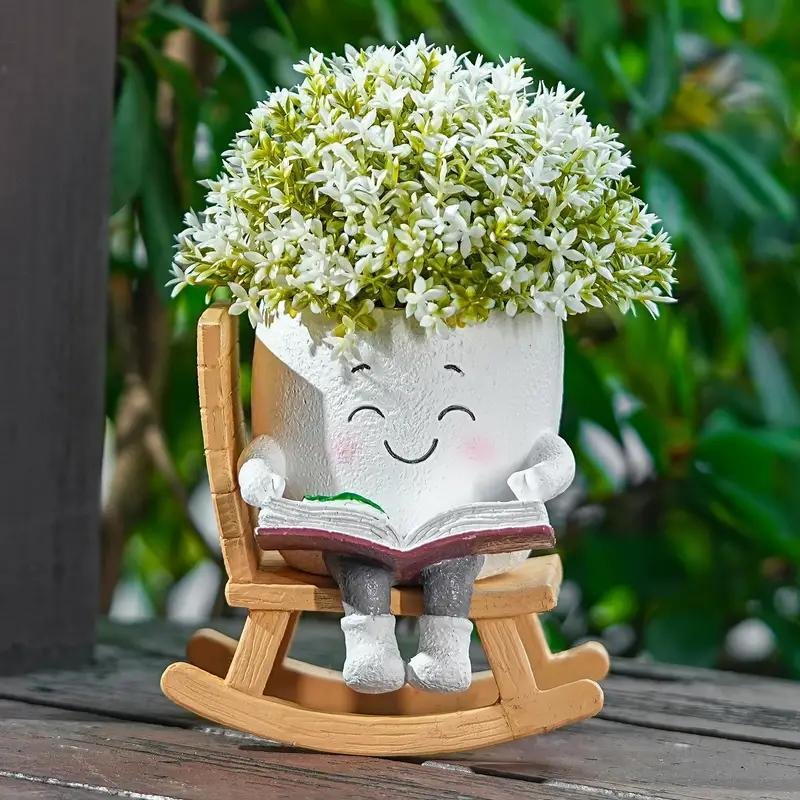 2 Pieces Of Cute Character Reading Rocking Chair Resin Flower Pots Indoor And Outdoor Plant Decoration Vase Home Flower Gift - Image 6