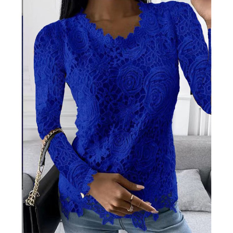 Plus Size Women's Solid Lace Top, Floral Pattern Round Neck Long Sleeve Blouse For Spring And Fall - Image 5
