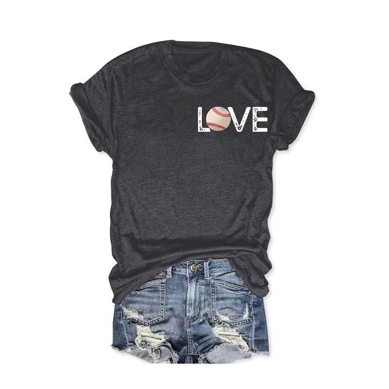 Women's Baseball Print Round Neck Tee - Front & Back Graphic Summer Casual T-Shirt - Image 2