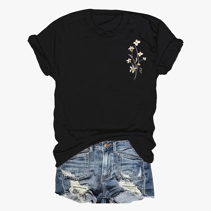 Women's Round Neck Short Sleeve T-Shirt - Front & Back Floral Print Summer Casual Tee - Image 2