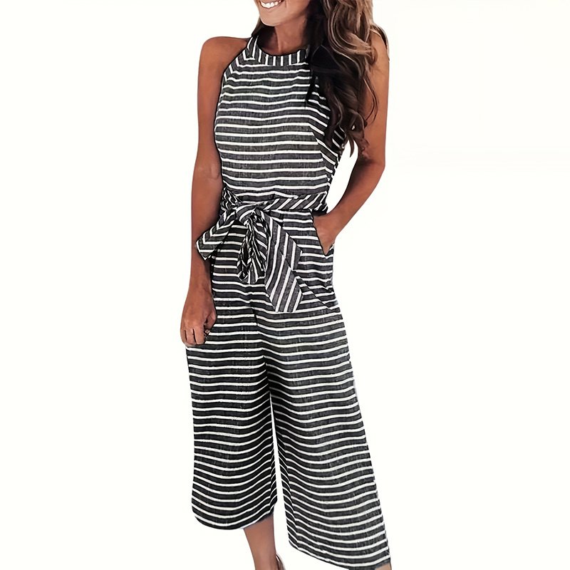 Womens Casual Striped Jumpsuits Summer Cap Sleeve Wide Leg Jumper Romper Button Down Travel Beach Outfits - Image 2