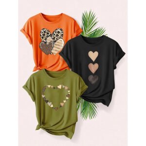 3PCS Women's Love Heart Leopard Graphic Print Tee Short Sleeve Crew Neck T Shirt Casual Summer Tops