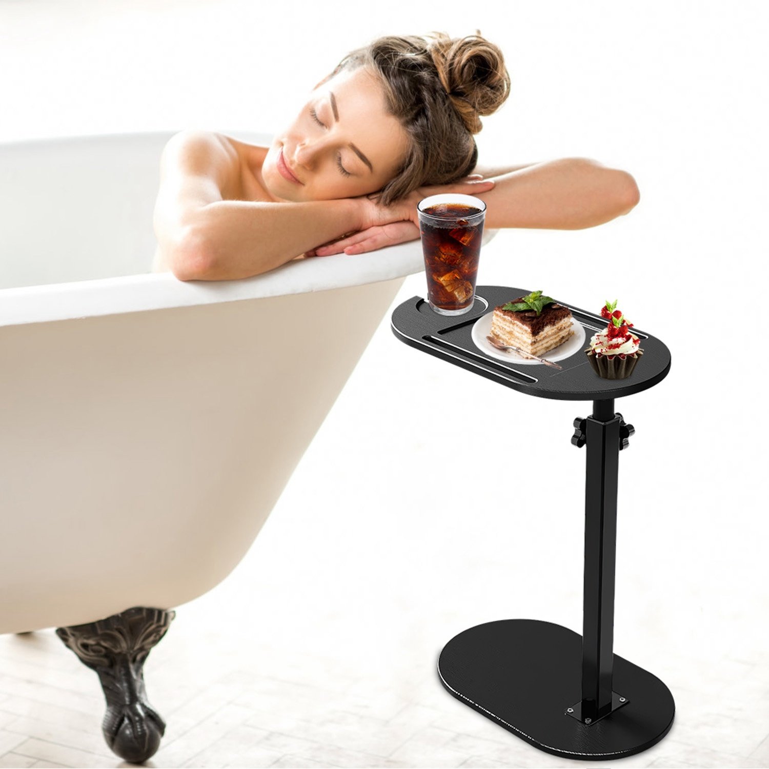 1Pc C-Shaped Bathtub Tray Table With Adjustable Height 360Degree Rotatable Desktop Freestanding Bath Caddy Against Wall Couch Bed Sofa Side Table - Image 10