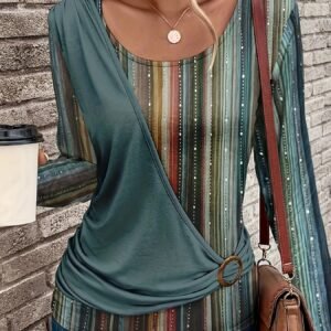 New Long Sleeve Round Neck Printed T-shirt With Circle Decoration For Spring And Autumn, Casual Top.