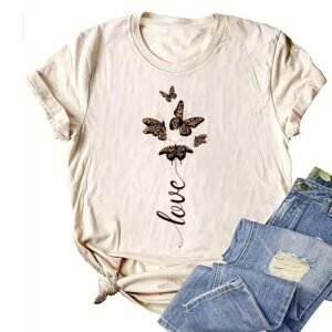 Women's Round Neck Short Sleeve Leopard Butterfly & 'LOVE' Print T-Shirt Casual Summer Top