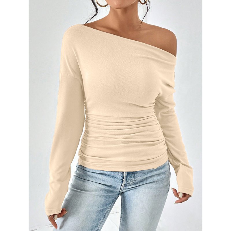 Women's Off The Shoulder Tops Long Sleeve T Shirts Going Out Tops Casual Trendy Ruched Slim Fitted Tees - Image 7