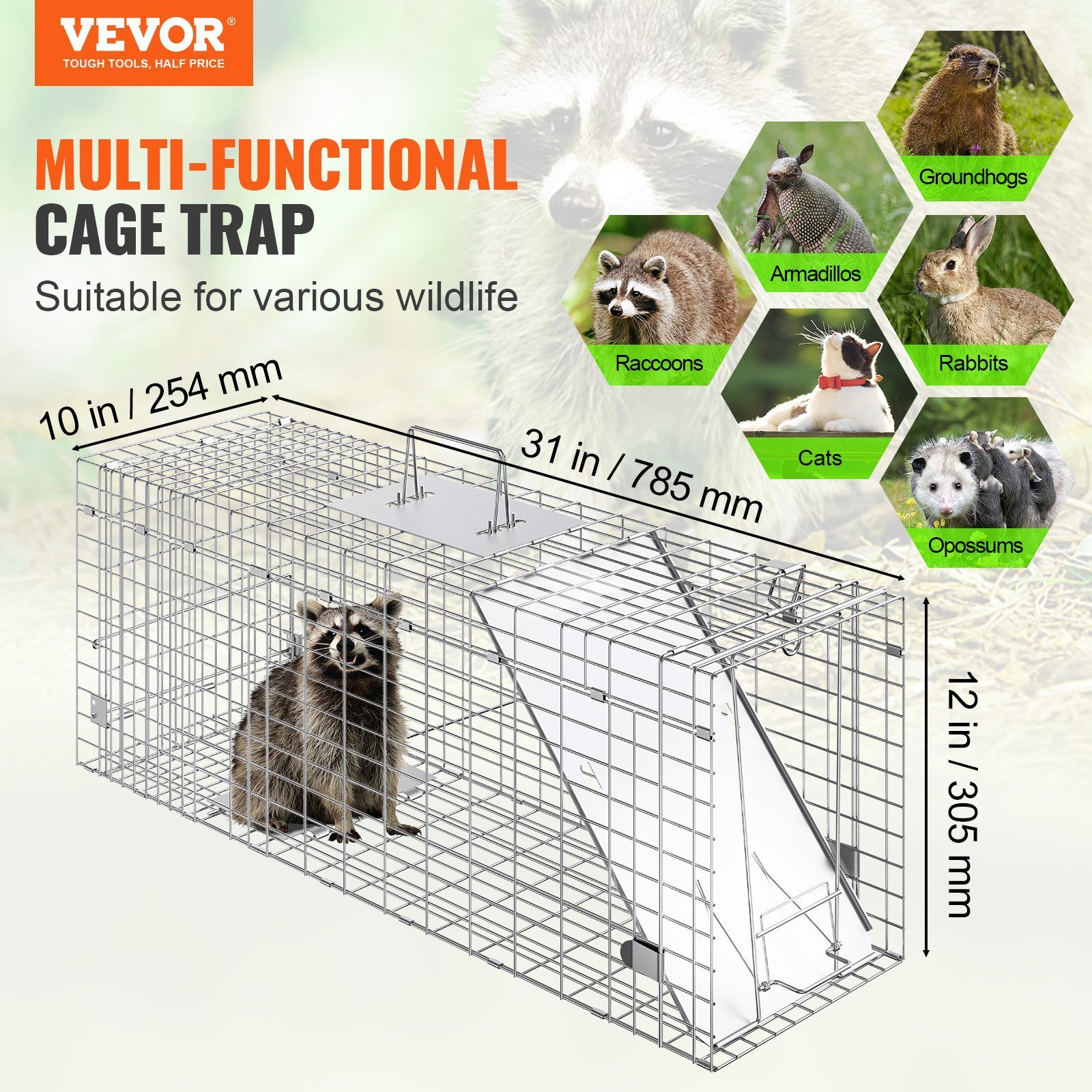 Live Animal Cage Trap, 31" X 10" X 12" Humane Cat Trap Galvanized Iron, Folding Animal Trap With Handle For Rabbits, Stray Cats, Squirrels, Raccoons, Groundhogs And Opossums - Image 2