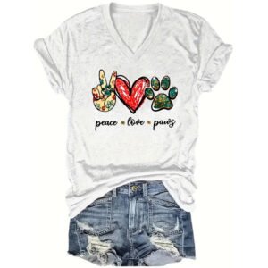 Women's V-Neck Short Sleeve Tee With Scissor Hands & Heart & Paw Prints - Summer Casual T-Shirt
