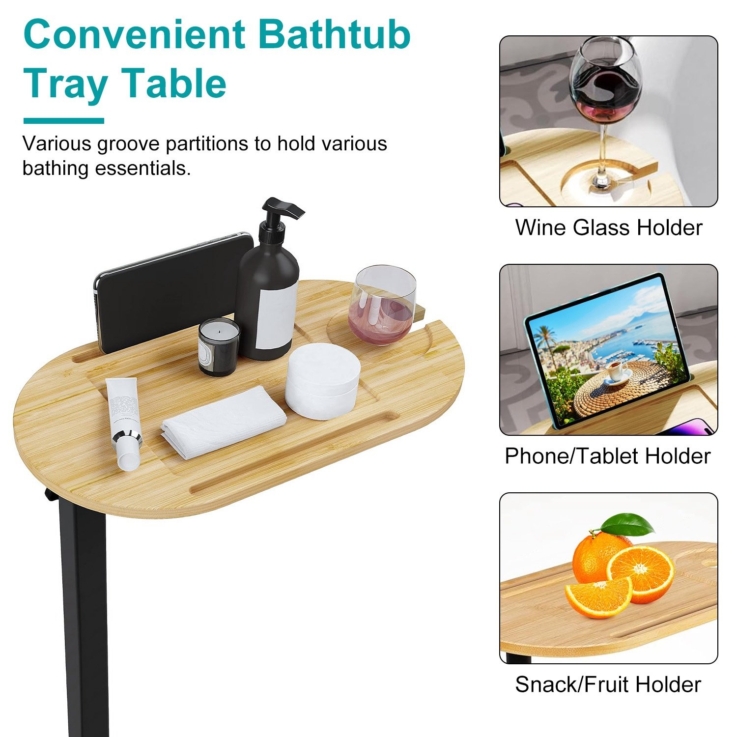 1Pc C-Shaped Bathtub Tray Table With Adjustable Height 360Degree Rotatable Desktop Freestanding Bath Caddy Against Wall Couch Bed Sofa Side Table - Image 4
