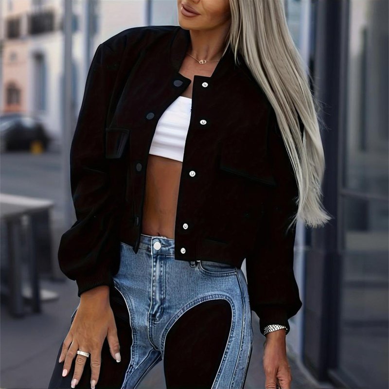 Women's Solid Color Long Sleeve Baseball Jacket With Button Front & Pockets - Casual Short Jacket For Spring&Fall - Image 7