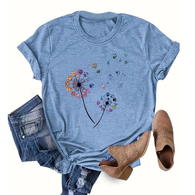 Women's Dandelion Print Round Neck T-Shirt Breathable Summer Casual Top - Image 2