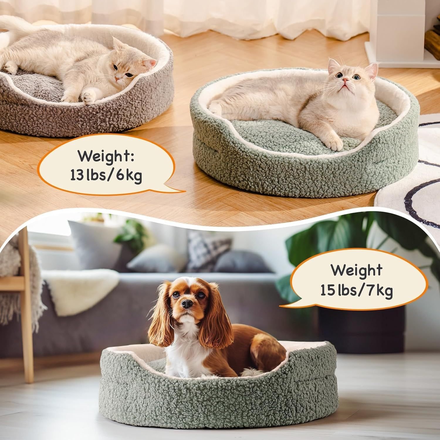 Mewoo Washable Pet Bed For Cats & Small Dogs - 23x23x7 Inch Round Orthopedic Bed With Non-Slip Bottom, Plush Indoor Cat Bed For Kittens & Puppies, Sage Green - Image 5