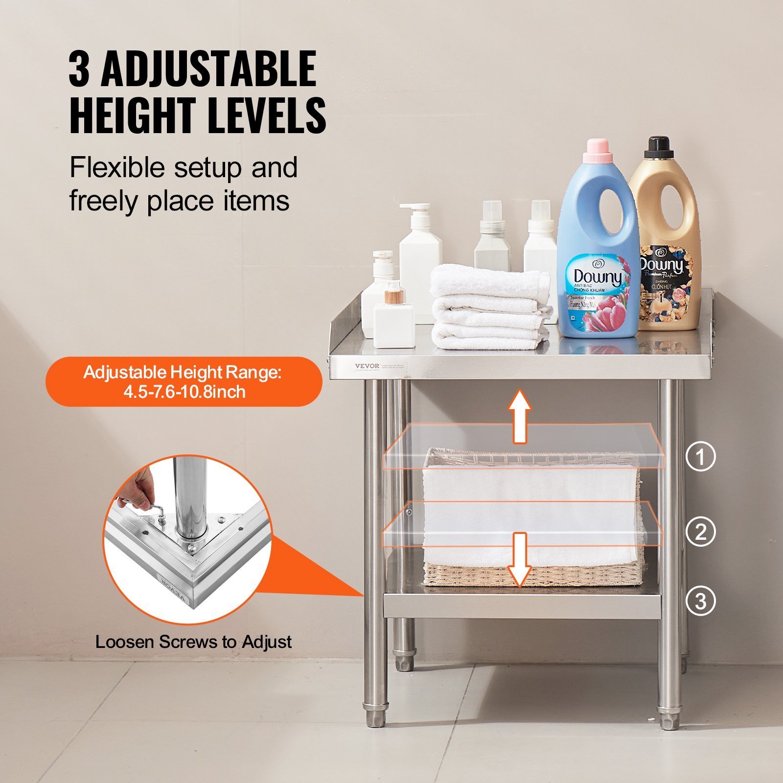 Stainless Steel Work Table, 24 X 24 X 26 Inch Commercial Food Prep Worktable, 3-Sided Backsplash Heavy Duty Prep Worktable, Metal Work Table With Adjustable Height For Restaurant Home Hotel - Image 5