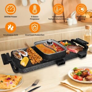 2 In 1 Electric Hot Pot With Grill 2800W Smokeless Non-Stick Korean BBQ Grill Shabu Shabu Hot Pot Combo With Independent Temperature Control 5 Gears Firepower For 3-10 People