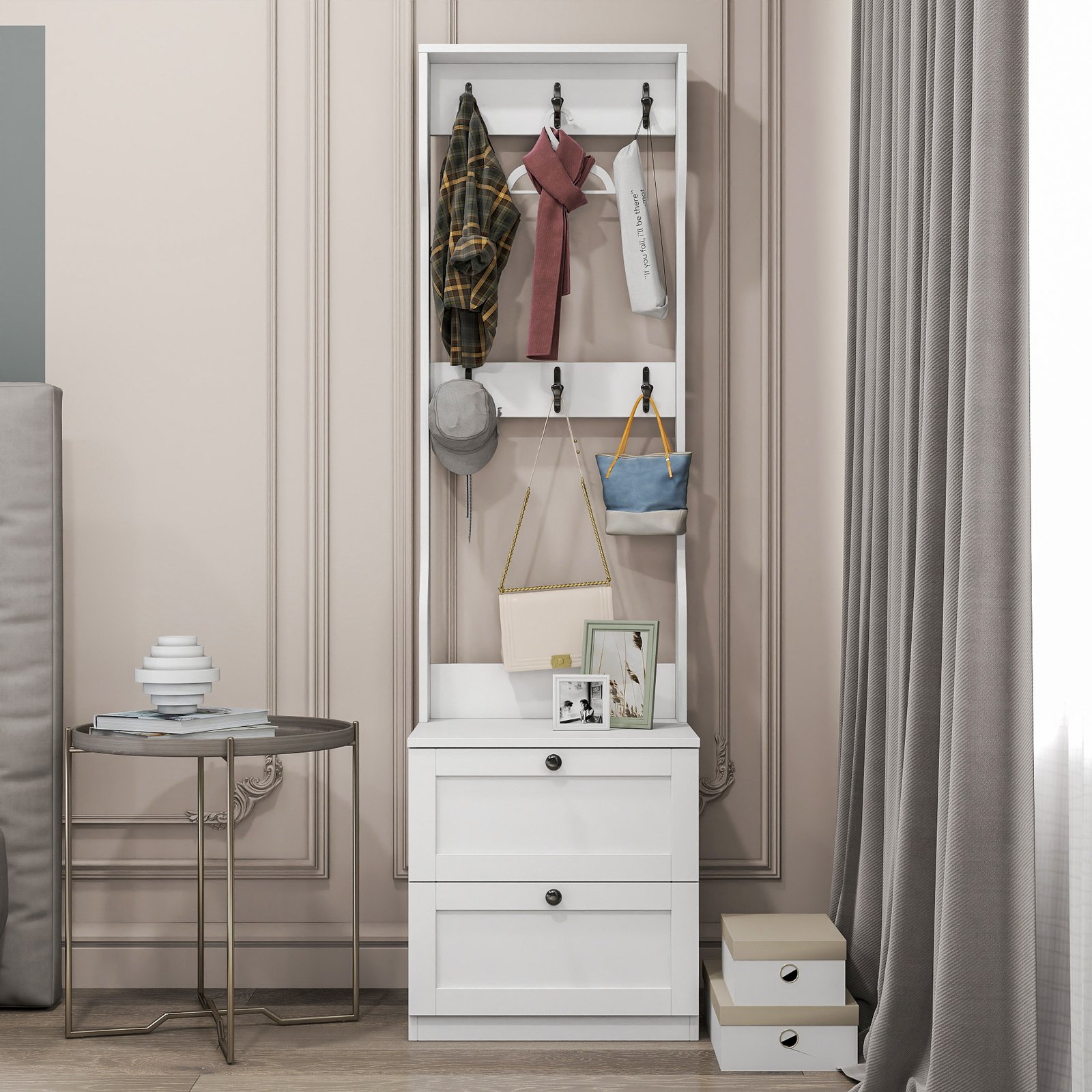 2-in-1 Coat Rack And Nightstand,Wood Bedside Entryway Storage Organizer With Drawer & Hooks, Freestanding Clothes Hanger For Bedroom,Hallway - Image 6