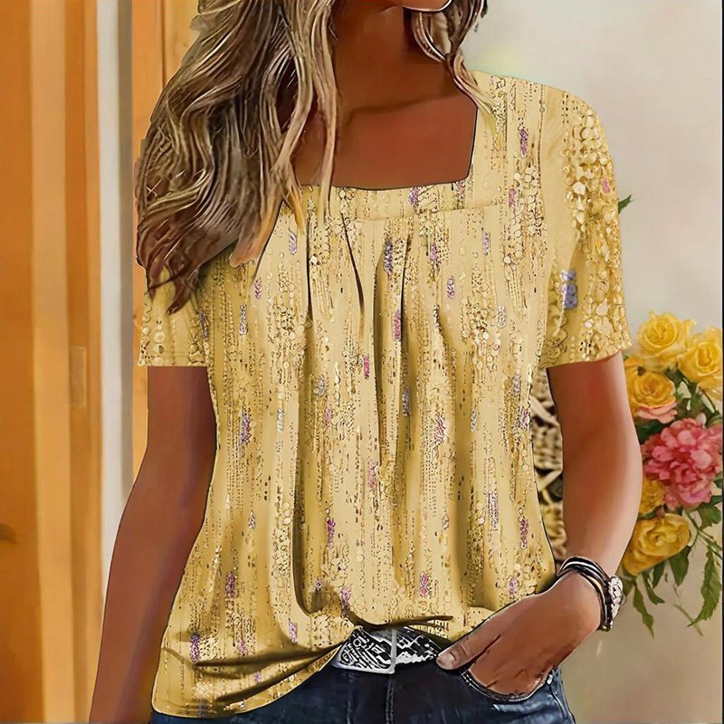 Women's Casual Square Neck Glitter T-Shirt - Sparkling Short Sleeve Top With Printed Design, Vibrant Spring&Summer Fashion Tee - Image 3